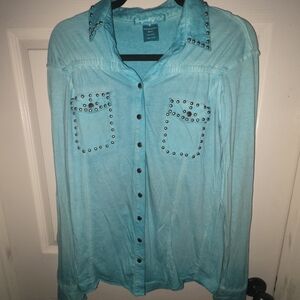 Cowgirl Tuff Aqua Studded Button Down Long Sleeve Shirt 100% Cotton